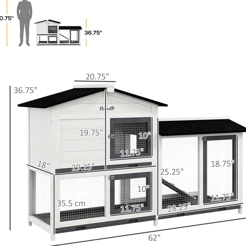 Cage à lapin blanche en bois de 62 po avec espace de couloir, construction, plateau amovible, portes verrouillables, toit en asphalte, grande cage blanche facile à nettoyer pour les lapins