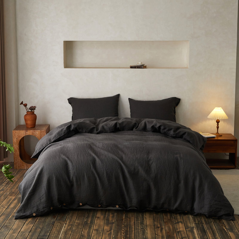 Duvet Cover Set-Button Loop, King Duvet Cover + 2 King Shams, Dark Gray