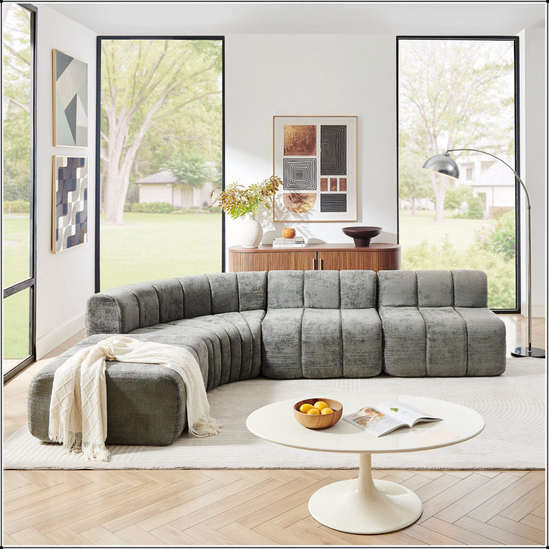 Upholstered 116.5 " Chenille L-Shaped Sectional with Ottoman, Grey Chenille
