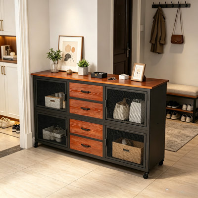 Armoire de rangement de style industriel en métal noir, armoire de rangement en métal avec 4 portes grillagées et 4 tablettes, 4 tiroirs, armoires de cuisine pour la maison, le buffet, le salon, le bureau avec roulettes (L 59,1 po x l 15,75 po x H 35,43 po) ))