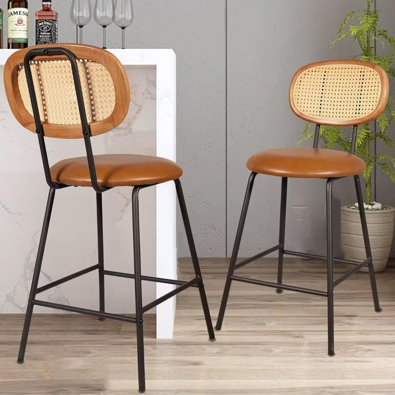 Tabouret de comptoir 24 po avec dossier en rotin et pieds en métal 24 po (ensemble de 2), Brun