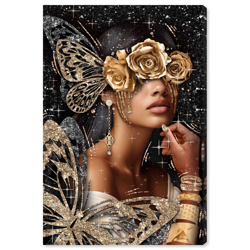 Toile dorée «Golden Butterfly Goddess» par Art Remedy, Cadre noir, H 55 po x l 37 po