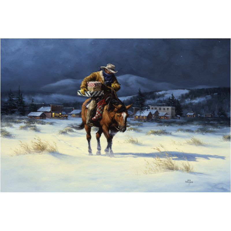 «Bringing Christmas Home» par Jack Sorenson - peinture sur toile tendue, H 12 po x l 18 po