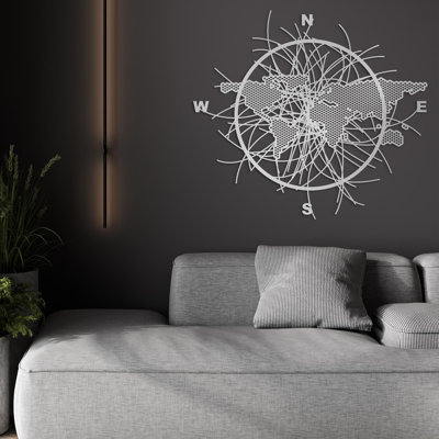 Metal World Map Wall Art, Abstract Compass Wall Decor, Modern Home and Office Decoration, Unique Travel Gift, Housewarming Gift for Couple