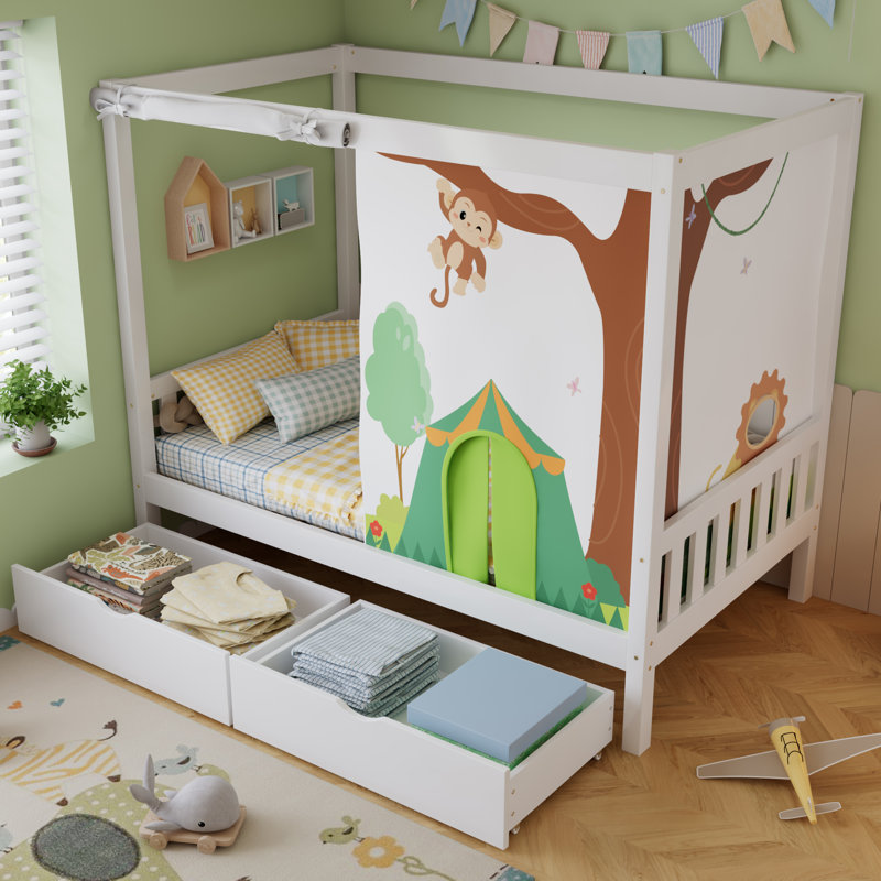 White & Green Wooden Bed 3FT 90x190cm with Curtains & 2 Drawers for Kids & Teens