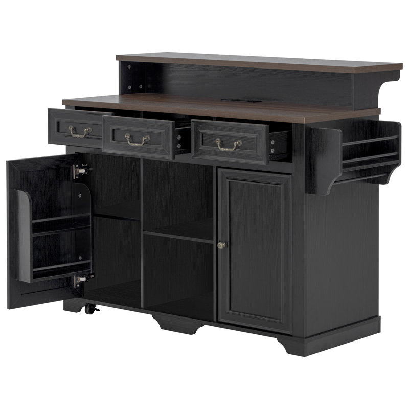 53.2" Two-Tier Farmhouse Kitchen Island with Power Outlet, 3 Drawers, Adjustable Shelves, 4 Door Racks & Rolling Base, Rustic Bar Cabinet Kitchen Storage Island