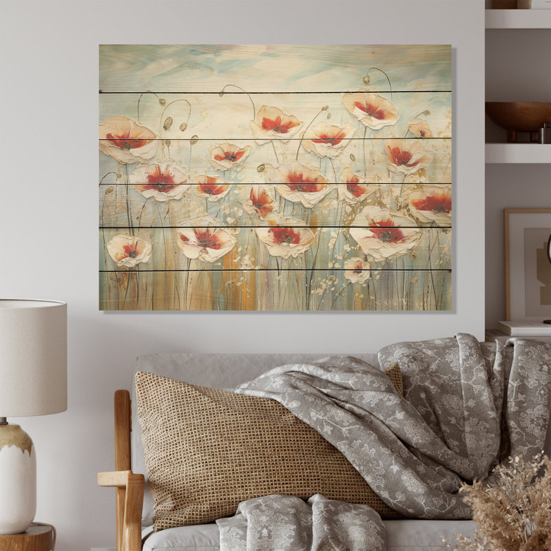 Champ de coquelicots rouges et gris - coquelicots, art mural sur bois de pin naturel, H 24 po x l 32 po