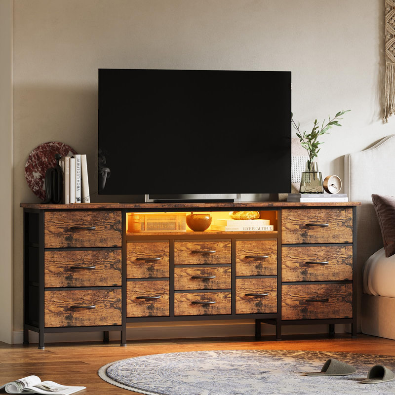 70 Inch TV Stand with Drawers and Outlet, Long Entertainment Center for 65 75 80 Inch TV, Fabric Dresser Media Console with LED Light