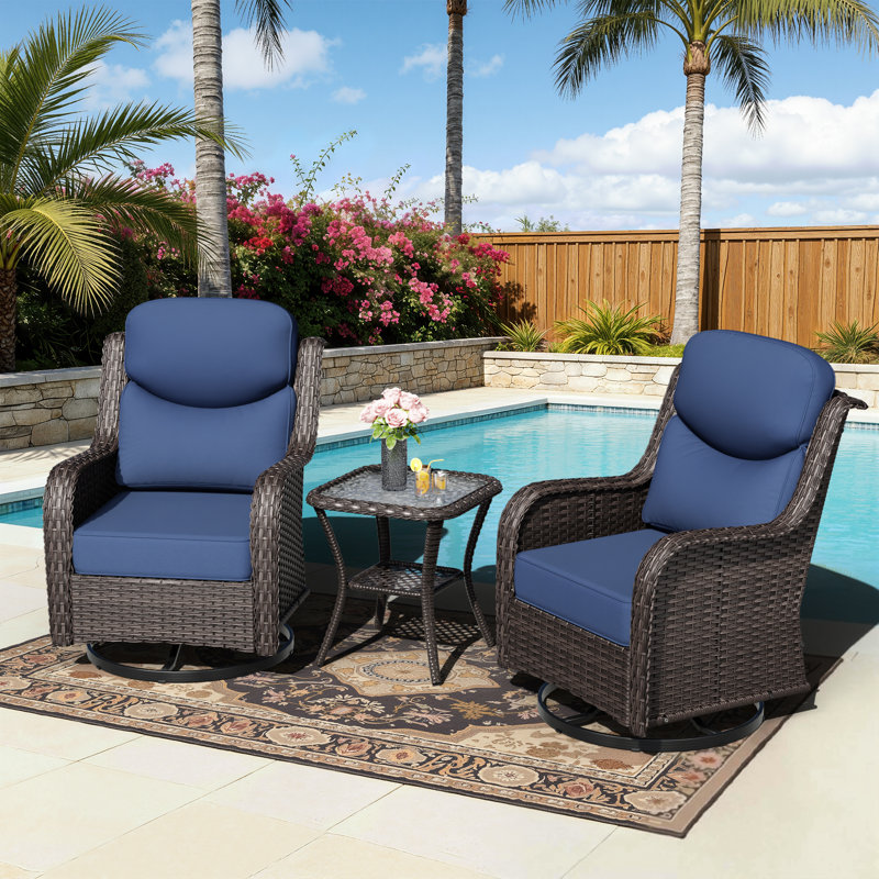 Adcox 2-Person Outdoor Patio Conversation Rattan Sets  With Side Table,2 Swivel Chairs and Blue Cushions, Blue