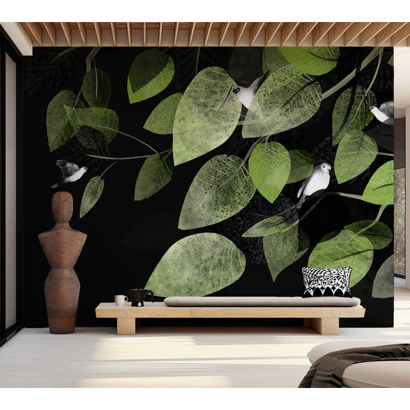 Papier peint botanique - Ailes et feuilles au crépuscule, L 68 po x l 98 po