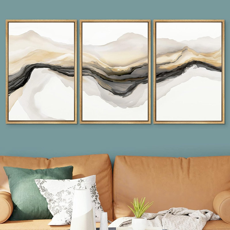 «Smoke Effect», or gris, vague de fumée, paysage, formes abstraites, illustrations encadrées sur toile, 3 pièces