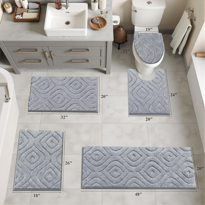 5 Piece Soft Absorbent Microfiber Bath Rug Set With Non-Slip Backing, Gray