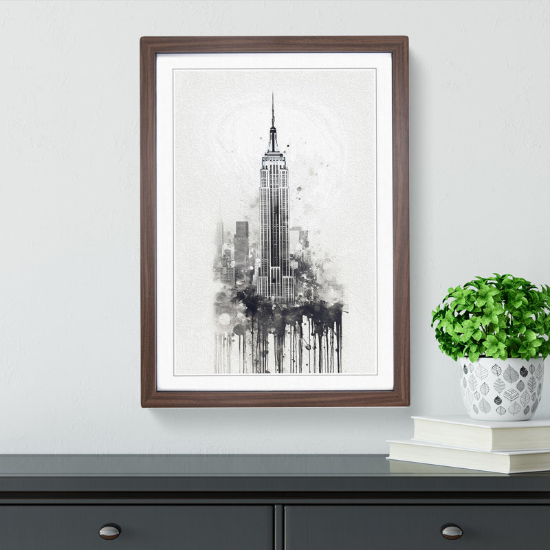 Empire State Building Gestural - Single Picture Frame Print on Wood, Walnut, 64cm H x 46cm W x 2cm D