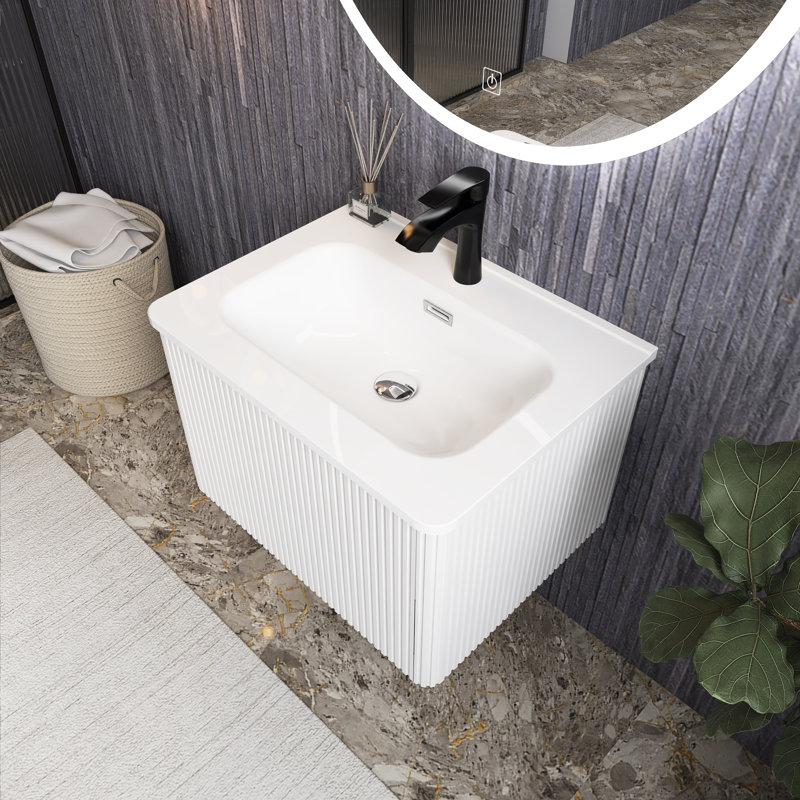 24“ Wall Mounted Floating Bathroom Vanity With White Ceramic Sink, White