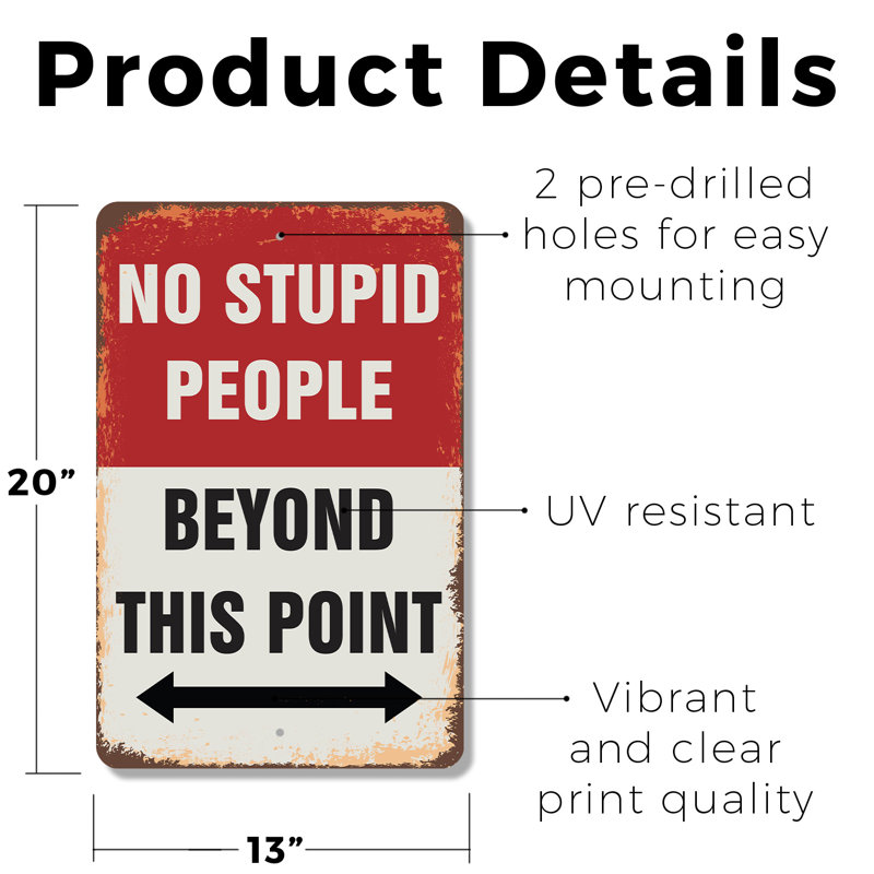 Panneau en plastique 13 po x 20 po No Stupid People Beyond This Point, H 13 po x l 20 po x P 0,1 po