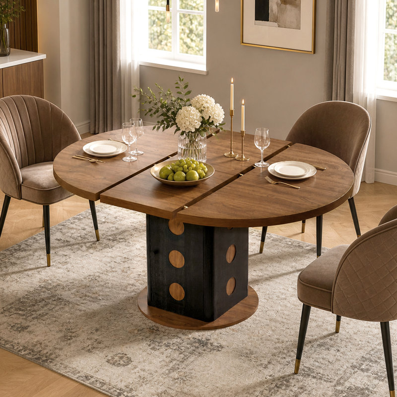 Table de salle à manger ronde extensible de 110 à 150 cm avec rangement dissimulé, style campagnard moderne, en bois de noyer, idéale pour la cuisine et le salon.