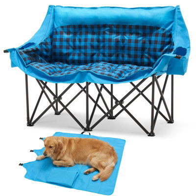 Loveseat Camping Chair with Mat, Double Camping Chair Folding Chair for Two People, Blue