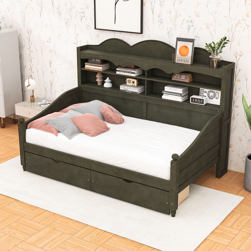 Lit de jour simple avec tiroirs de rangement et tablettes, Gris antique