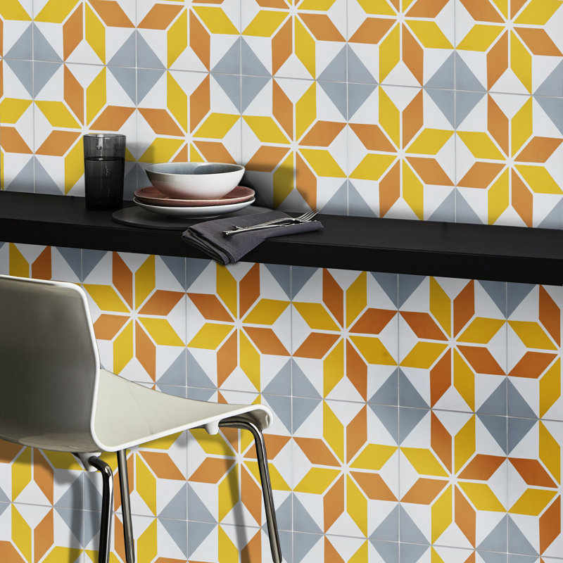 Assila 8" x 8" Cement Patterned Wall & Floor Tile, Blue/Orange
