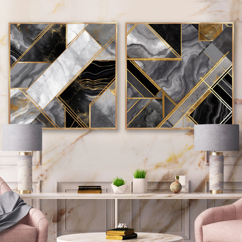 Agate en marbre de granit avec touches dorées, ensemble de 2 collages de formes abstraites, Cadre flottant doré