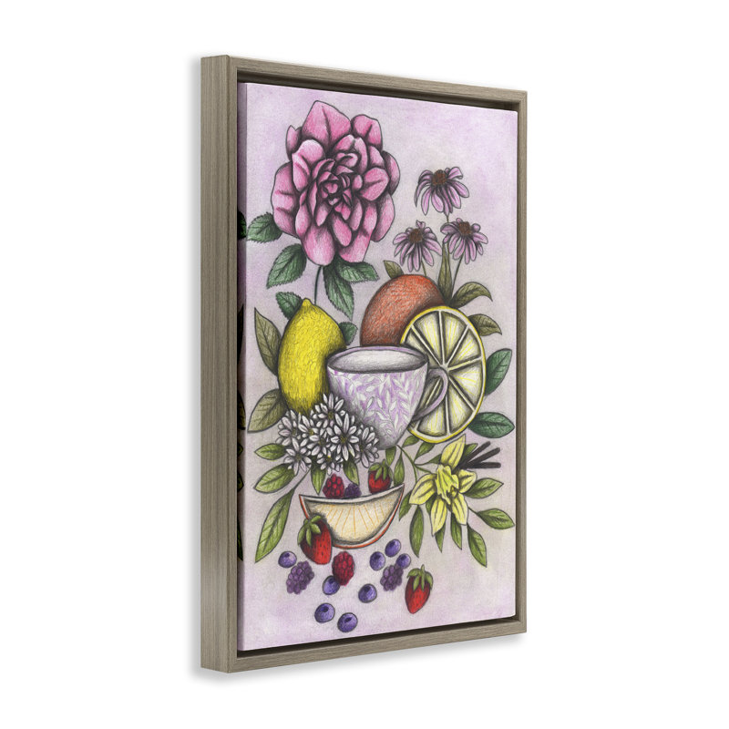 Cadre rococo thé avec fruits flottants, design par Cecilia Battaini, H 25 po x l 17 po, Cadre flottant orme Montalcino