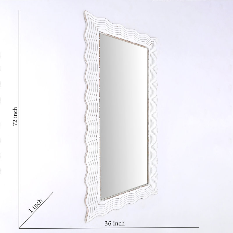Accent Mirror | Decorative Full-Length Mirror | Rustic White Solid Wood Hand carved Wave Design Rectangle Wall Mirro | 36 x 72" | Floor Mirror