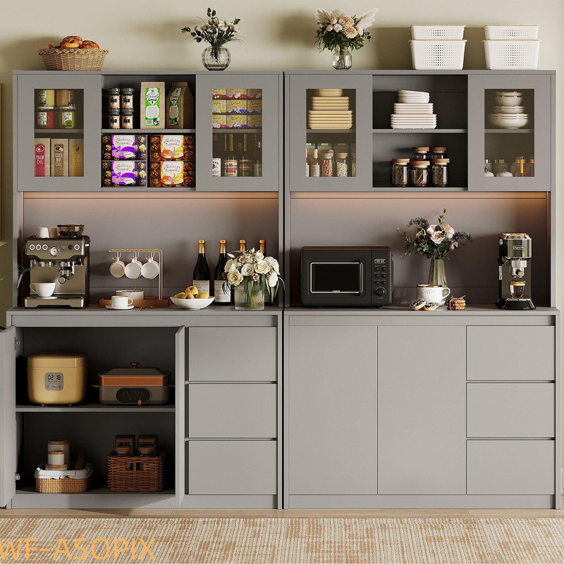 71" Tall Kitchen Pantry Cabinet with Adjustable Shelves, Microwave Space & Charging Station, Gray