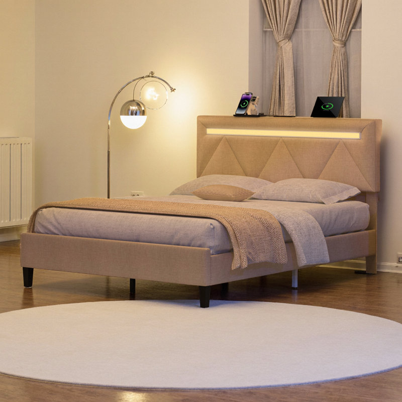 Grand lit plateforme tapissier avec station de charge, tête de lit à DEL RVB, hauteur réglable, silencieux - aucun sommier nécessaire