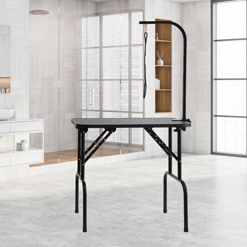 Black Metal Foldable Pet Grooming Table with Adjustable Arm