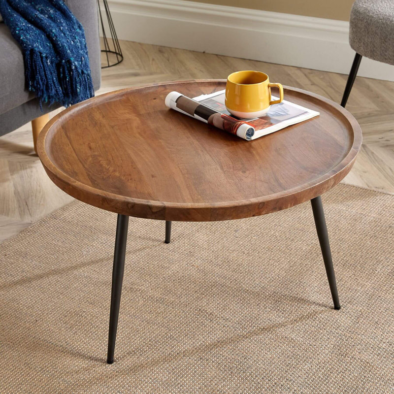 Finzel Solid Mango Wood Industrial Round Coffee Table with Metal Legs, 45cm H x 75cm W x 75cm L