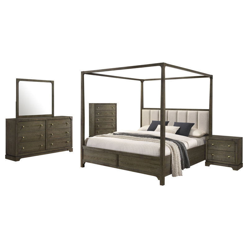 Ensemble de chambre à coucher grand lit 5 pièces Finnlo, Grand, 5 Pcs: Bed, Nightstand, 2 Dressers, Mirror