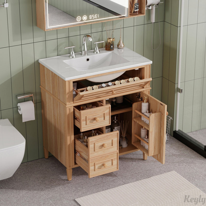 Meuble-lavabo de 30 po avec lavabo, armoire en bois, tiroir rabattable, portes à fermeture en douceur, poignées élégantes, panneau de fibres à densité moyenne durable et bois massif