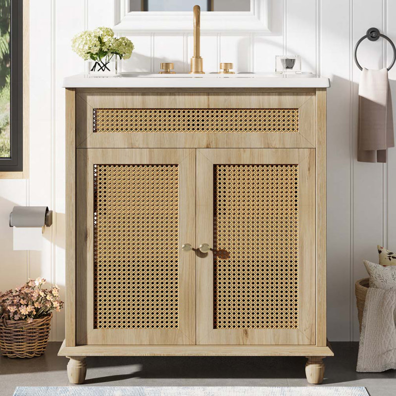 Meuble-lavabo en rotin tissé à la main avec lavabo en résine
