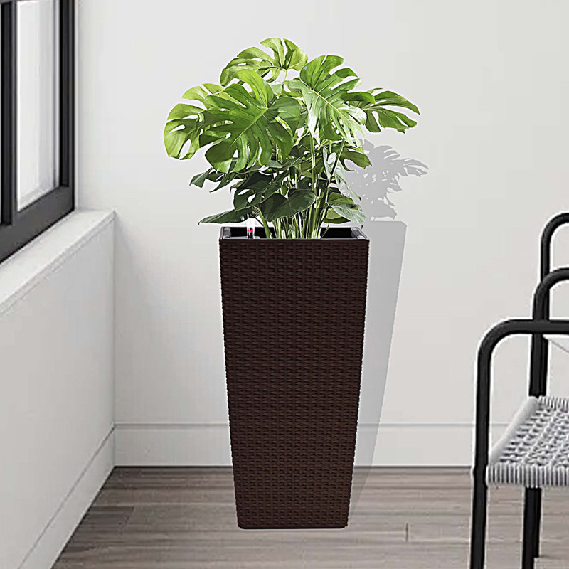 Indoor/Outdoor Modern Faux Rattan Design Square Planter, 22.6 inch Plastic Large Planter with Automatic Watering System for Home and Garden (22.6 inch - 2 Pack)