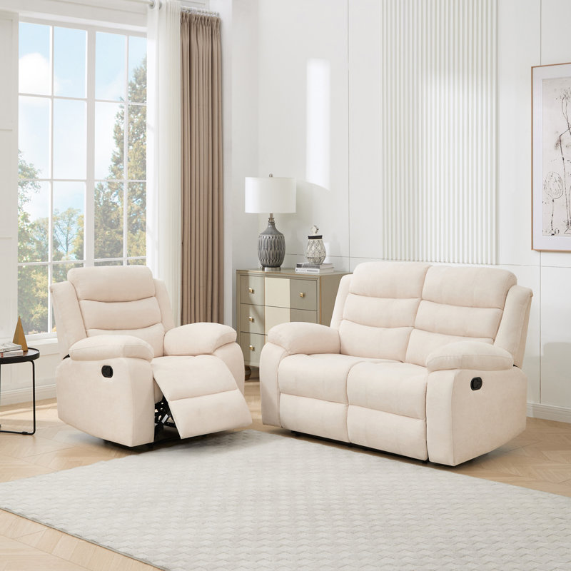 2 Piece Linen Reclining Living Room Set, 3 Seater, Beige