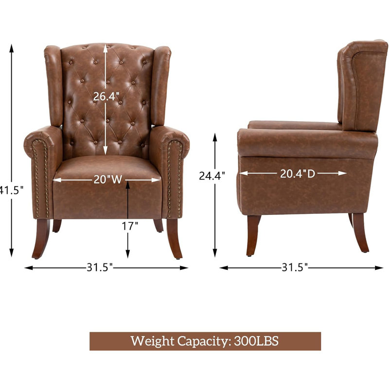 Dreggors Faux Leather Wingback Chair, Brown Faux Leather