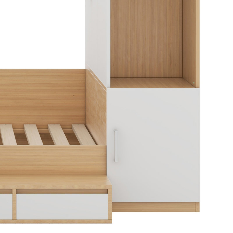 Lit plateforme avec tiroirs, tablettes, bureau et garde-robe, Naturel