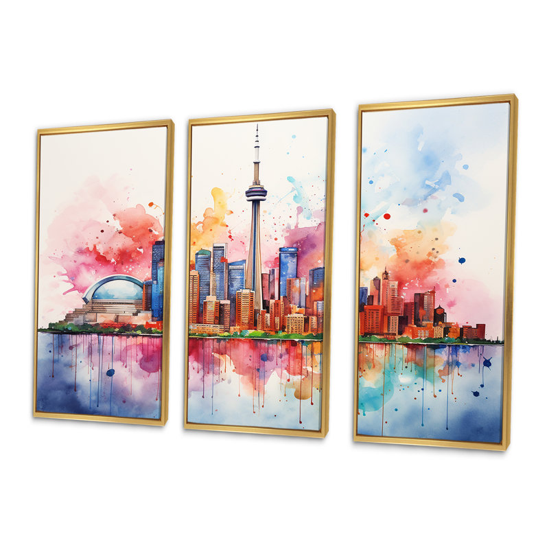 Cn Tower Toronto Cityscape Sunset - City Toronto, art mural, Cadre flottant doré, H 28 po x l 36 po x P 1 po