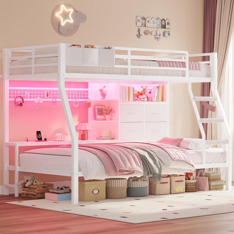 Bed  With 4 Storage Drawers & Shelves & Bedside Caddy, Twin  Beds With Charging Station & Led Lights, Metal Bed With Safety Guardrail & Angled Ladder