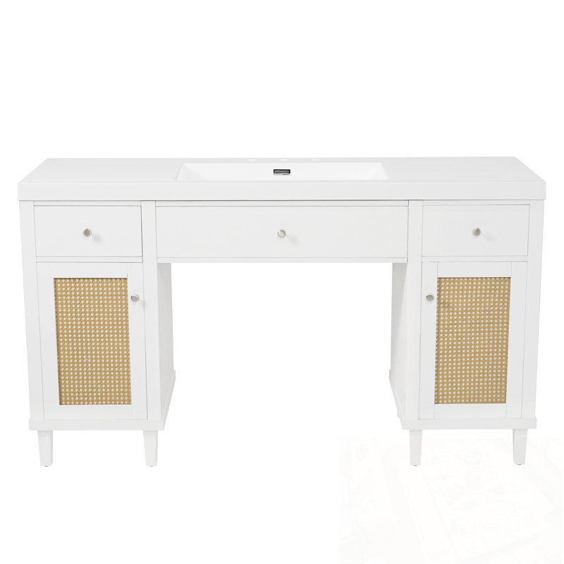 Meuble-lavabo de salle de bain avec lavabo, 2 portes, tiroirs à fermeture en douceur et plateau basculant, Blanc