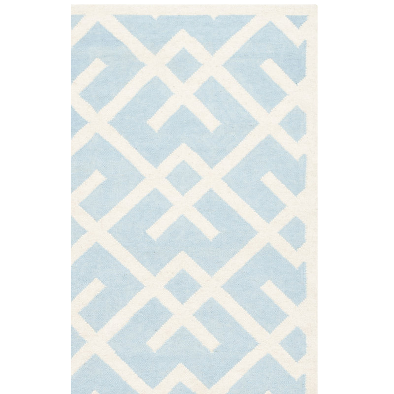 Fung Hand Woven Flat Weave Wool/Cotton Geometric Rug in Light Blue/Ivory, Square 8'