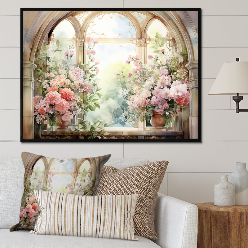 «Pink Blossoming Country Window Gaze V», reproduction d'art sur toile, Cadre flottant noir, H 34 po x l 44 po x P 1,5 po