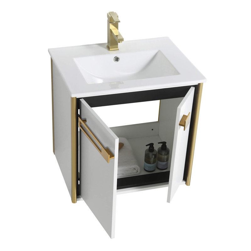 Meuble-lavabo simple l 24 po x P 18,31 po x H 23,25 po, Blanc mat, Laiton satiné