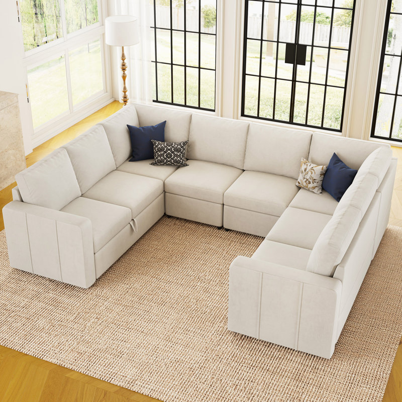 Seybert U Shaped Sofa Oversized Pullout Sofa Bed Modular Sectional Couch Convertible Sleeper, Beige Velvet