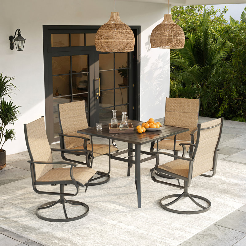 5-Piece Waterproof Patio Dining Set – Outdoor Rectangular Table & 4 Padded Swivel Chairs, Brown
