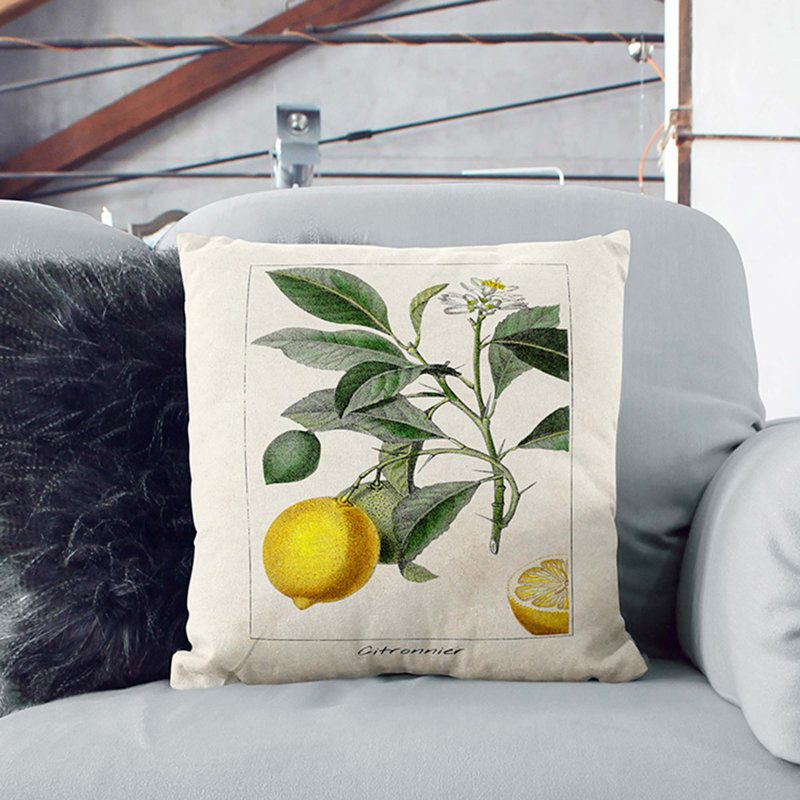 Illustration of a Lemon Tree Cushion with Filling, 55cm H x 55cm W x 20cm D, White