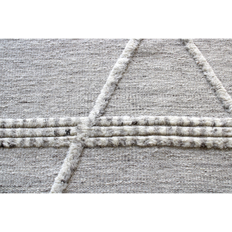 Tapis gris / blanc en laine / coton marocain noué à la main, Rectangle 8 pi x 10 pi