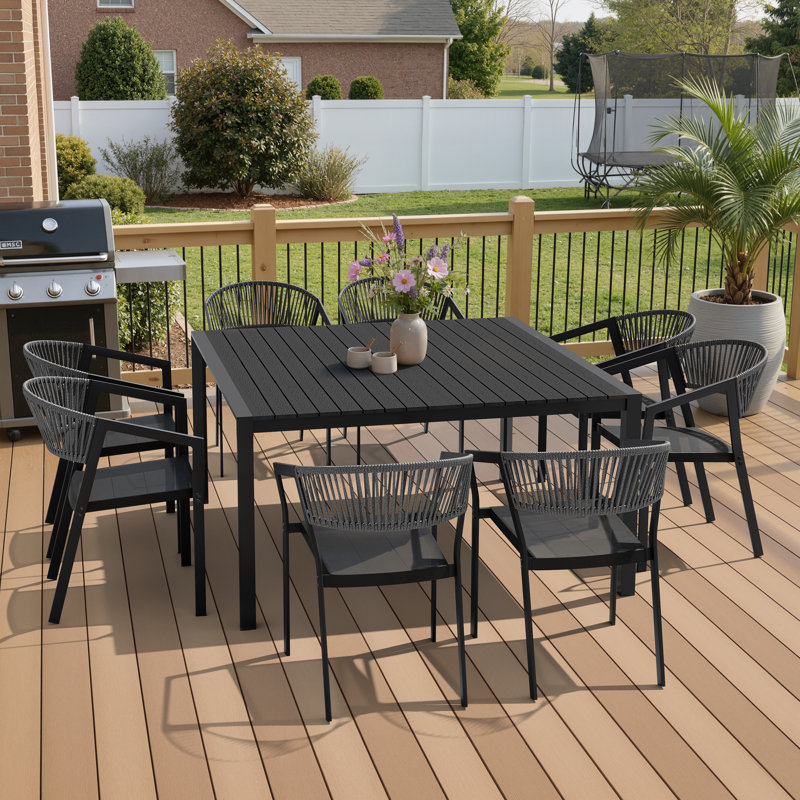8 - Person Aluminum Outdoor Dining Set With Stacking Chairs And Umbrella Hole, Black, Dark Gray