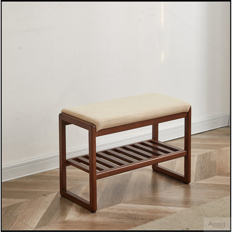 Banc de rangement en bois massif (couleur noyer), étagère de rangement en bois de hêtre avec coussin éponge à rebond élevé