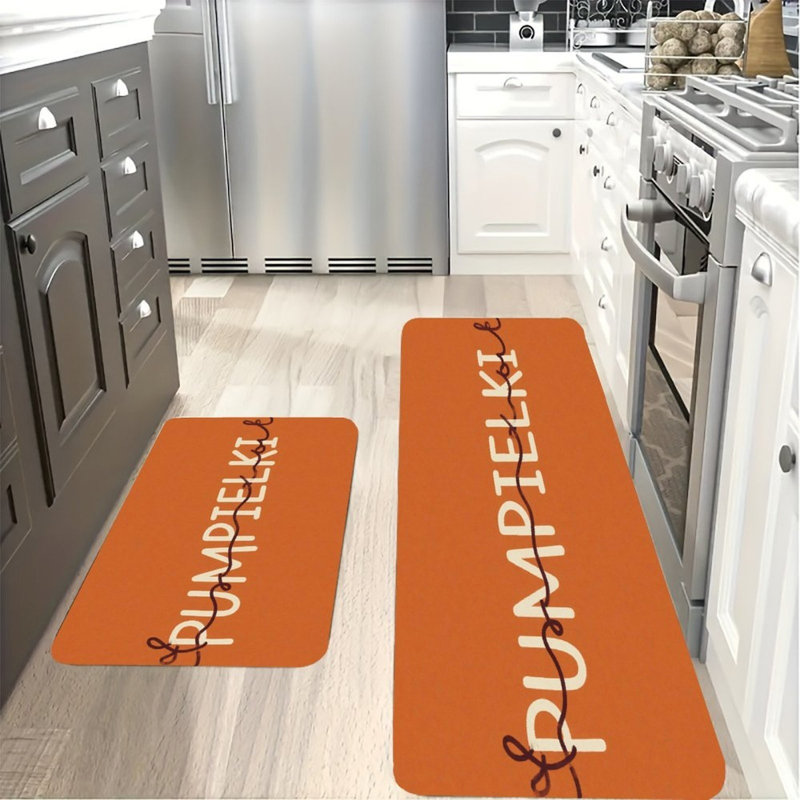 Orange Art Typography, Kitchen Mats Set Of 2, Orange Abstract